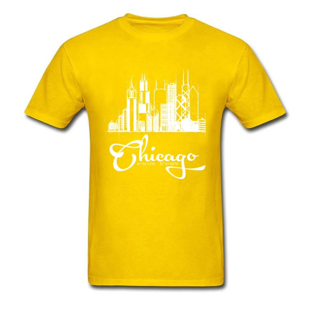 Design Pure Cotton Male Short Sleeve Tops Shirt Summer Summer/Autumn Top T-shirts Printed On Tee-Shirt Family Crewneck Chicago skyline sketch and GPS coordinates tee yellow