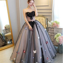 Роскошное черное бальное платье с аппликацией, пышные платья без бретелек и расшитый бисером, с открытой спиной, пышное длинное платье из органзы, милое 16 платье