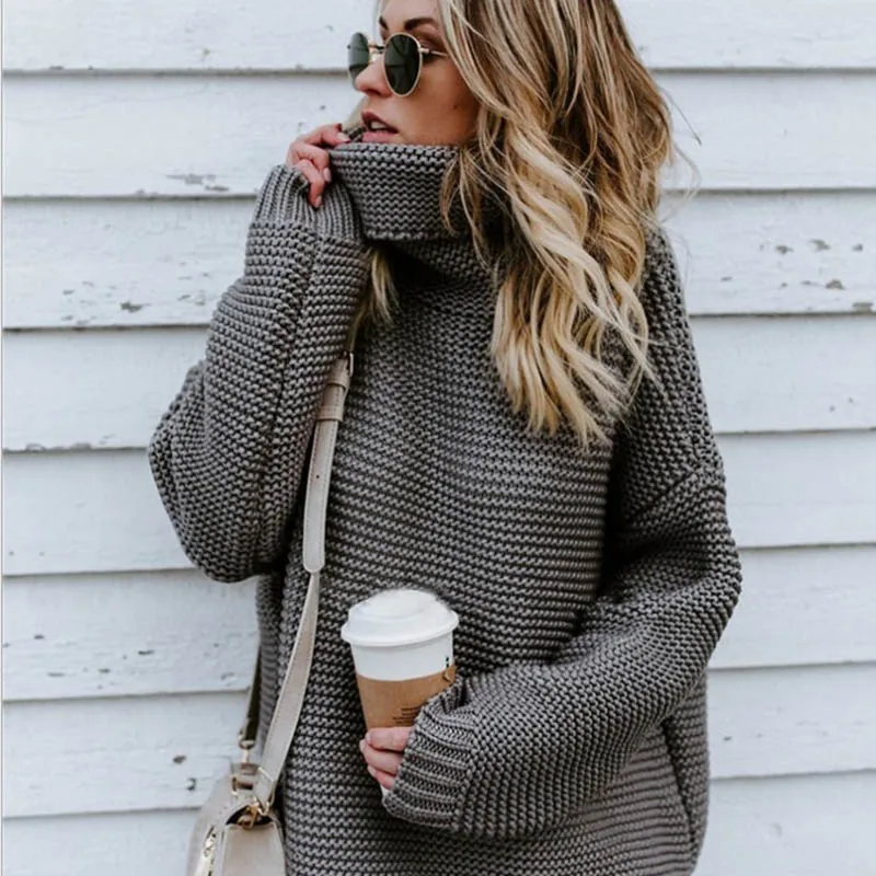 Зимний осенний женский модный Повседневный Однотонный свитер с высоким воротом, теплый винтажный Свободный вязаный пуловер с длинным рукавом, свитера