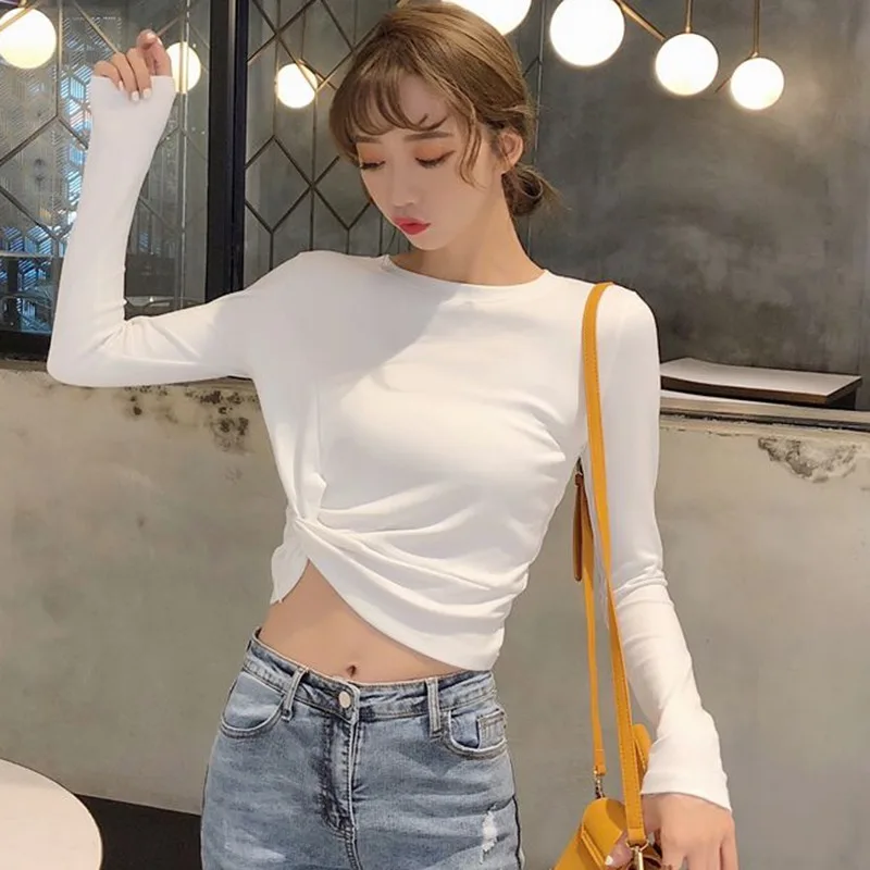 

Female Short T-Shirt Front Cross-length O-Neck TShirt Sexy Tops Solid Color Long Sleeve Women T shirt Slim Tee harajuku