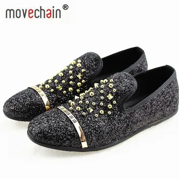 

movechain Fashion Man Rivets Beading Glitter Loafers Mens Slip-on Driving Party Flats Men's Moccasins Oxfords Casual Shoes