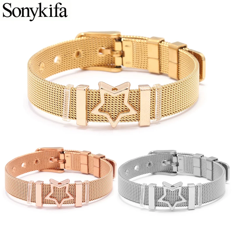 

Sonykifa Hot Sale Stylish Mesh Pandoro Bracelet Rhinestone Five Star Adjusted Stainless Steel Keeper Charm Bracelets Wome Gift