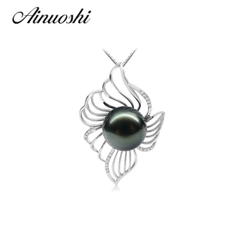 

AINUOSHI 925 Sterling Silver Flower Shaped Pearl Necklace Pendants Black Cultured Pearl Tahiti 10.5-11mm Round Pearl Necklace
