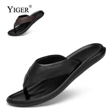 YIGER New Men flip flops Genuine Leather Man Slippers Large Size Summer Man Beach Shoes Black