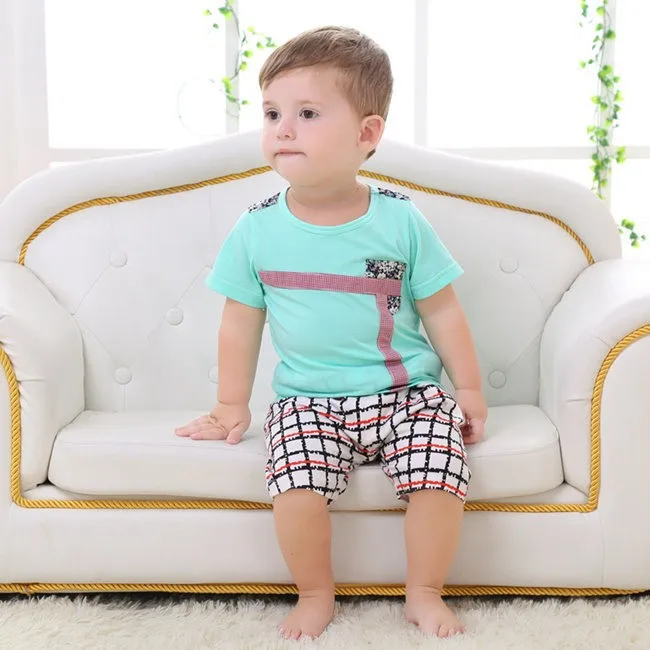 Летние хлопковые комплекты детской одежды рубашки с короткими рукавами+ клетчатые штаны Одежда для маленьких мальчиков детская одежда двух цветов для 6-36 месяцев