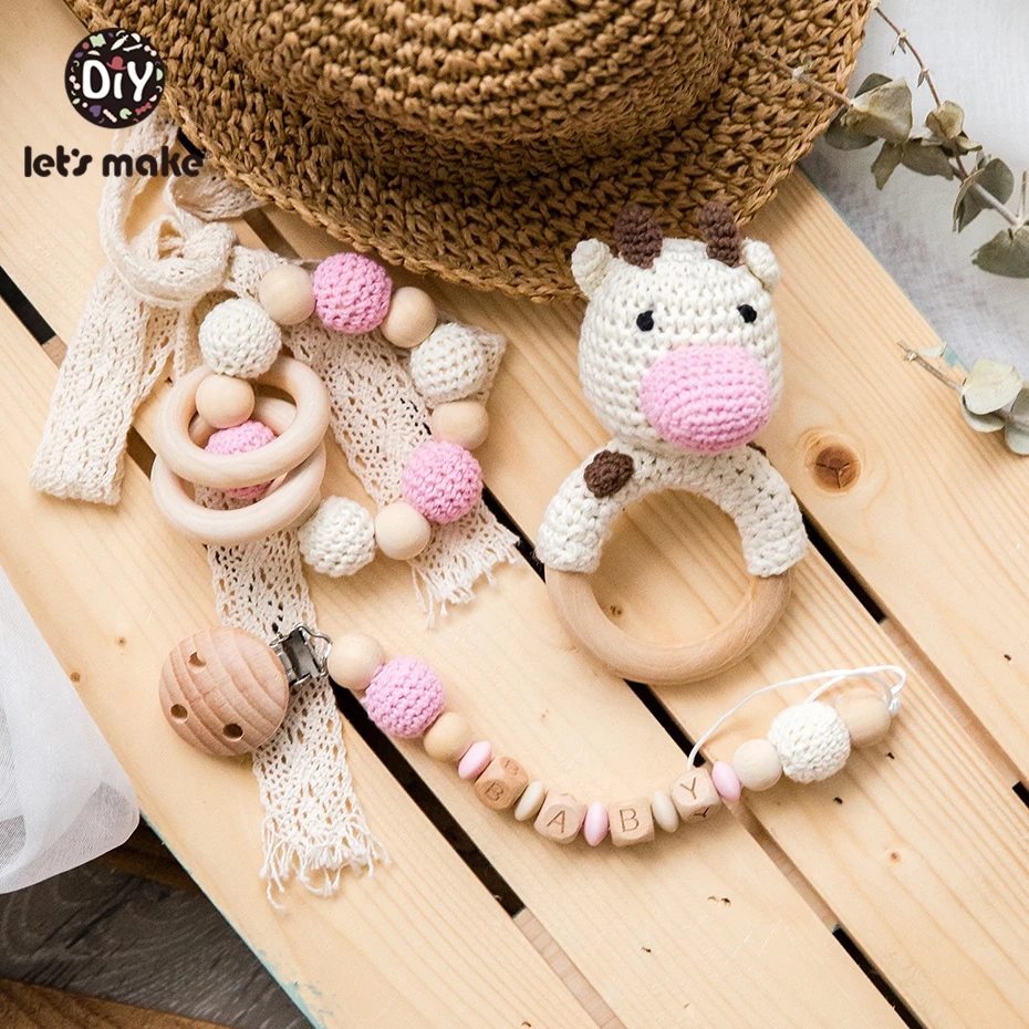 Let's Make Food Grade Silicone Wooden Teether Baby Pacifier Chain Pram Crib DIY Customized Soother Baby Teether Rattle Set Toys