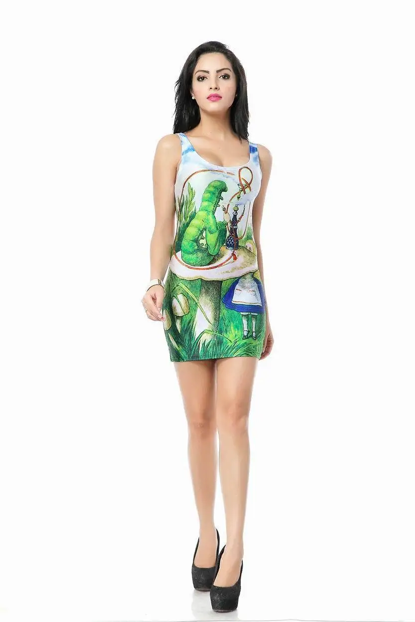 Summer Green Caterpillar Print Mini Dress Sexy Wonderland Pencil Dress