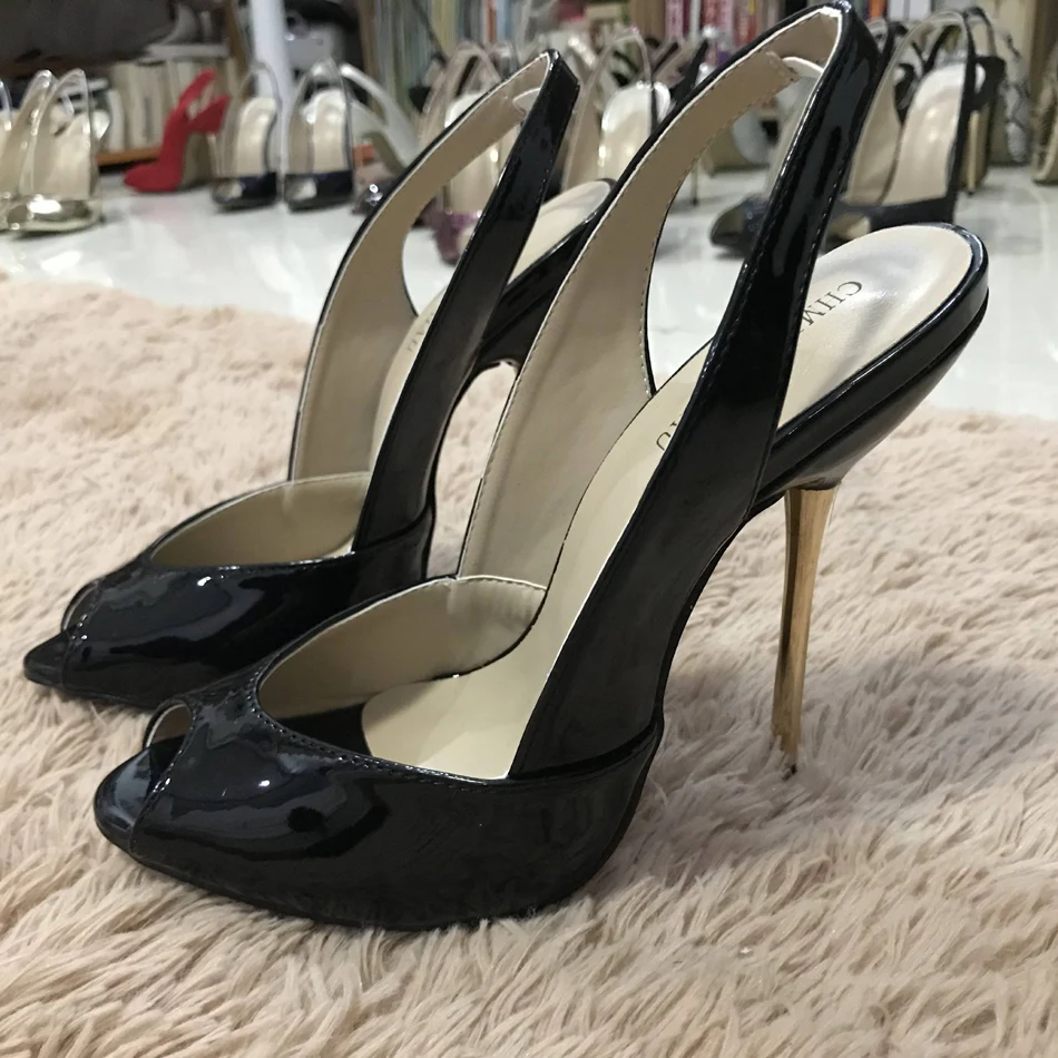 

Women Stiletto Thin Iron High Heel Sandals Sexy Sling Back Peep Toe Black Patent Party Bridal Ball Lady Shoe 3845-g6