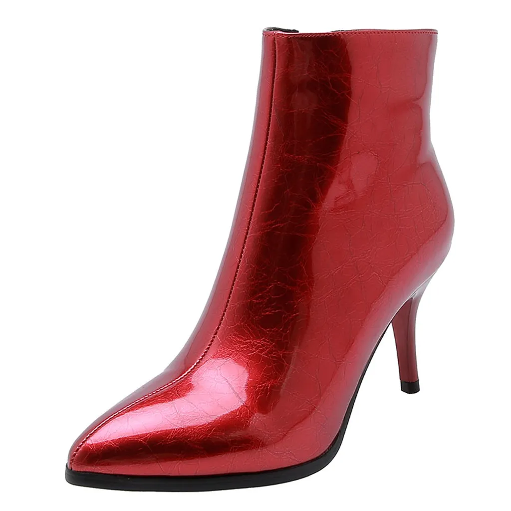 Boots Women Patent Pure Boots Mid-Boots British style Ankle Zipper Thin Heel Casual Boots Shoes bota feminina Dropshipping YJJ2