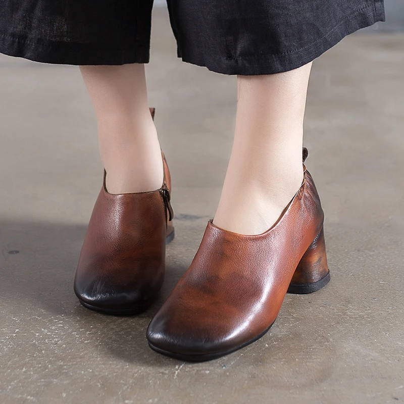 

Casual Leather Single Shoes Thick High Heel Women's Shoes First Layer Leather Low Cut Zipper Elastic Square With Square Head