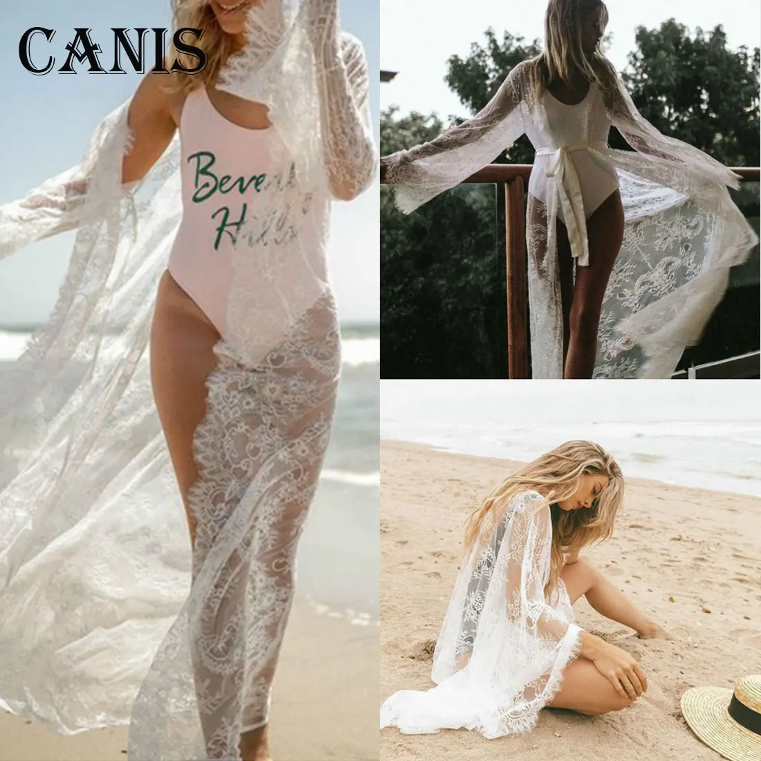 Summer Women Swimsuit Beach Cover-Ups Lace Kimono Blouse Coat Boho Casual Cardigan Bikini Cover Up Dress Female Bathing Suit