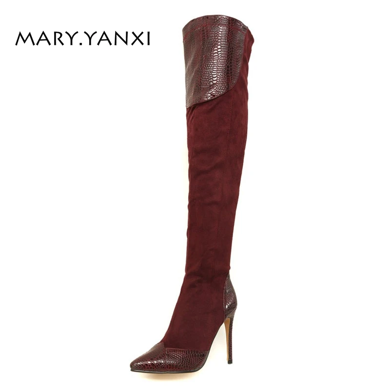 

Winter Women Lady Big Size Shoes Over-the-Knee Long Boots Flock Nubuck Pointed Toe High Thin Heels Short Plush Worm Solid Zip