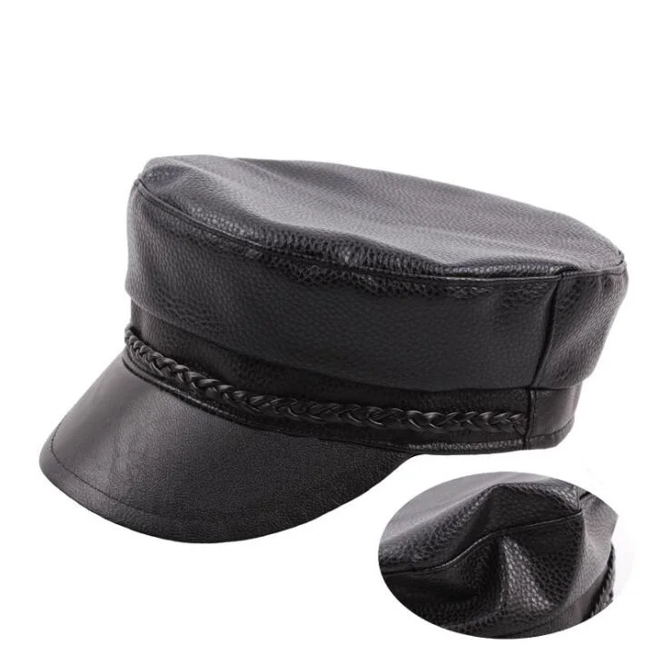 Xongkoro Cow Leather Military Cap Flat Top Army Hat Boys Girls Old Fashion Navy Hats Black Color