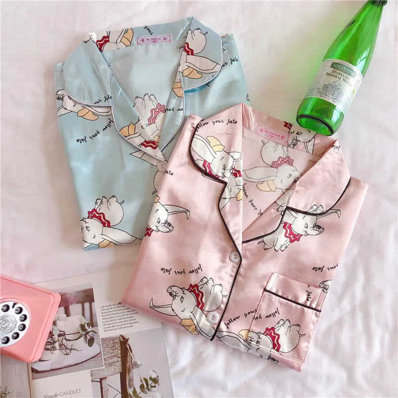Beste Caiyier Roze Leuke Dumbo Print Zijde Pajama Sets 2019 Zomer Shorts Mouw Nachtkleding Sexy Dames Lingerie Nachtkleding Homewear 5XL
