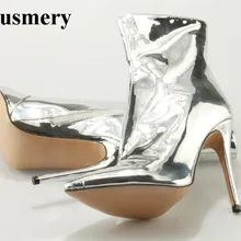 Женские Модные Серебристые зеркальные кожаные ботильоны с острым носком; высококачественные полусапожки на молнии; пикантные ботинки; модельные туфли