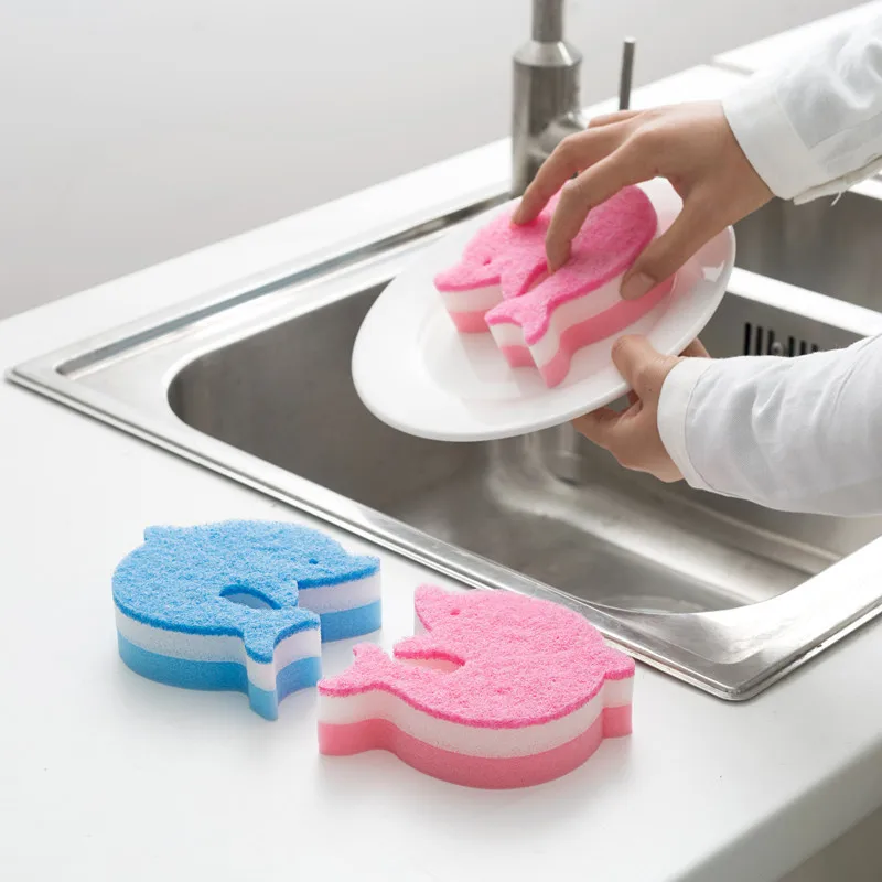 

2PC dolphin shape sponge wipe the kitchen clean dishwashing cloth decontamination sponge rubbing double-sided magic wipe