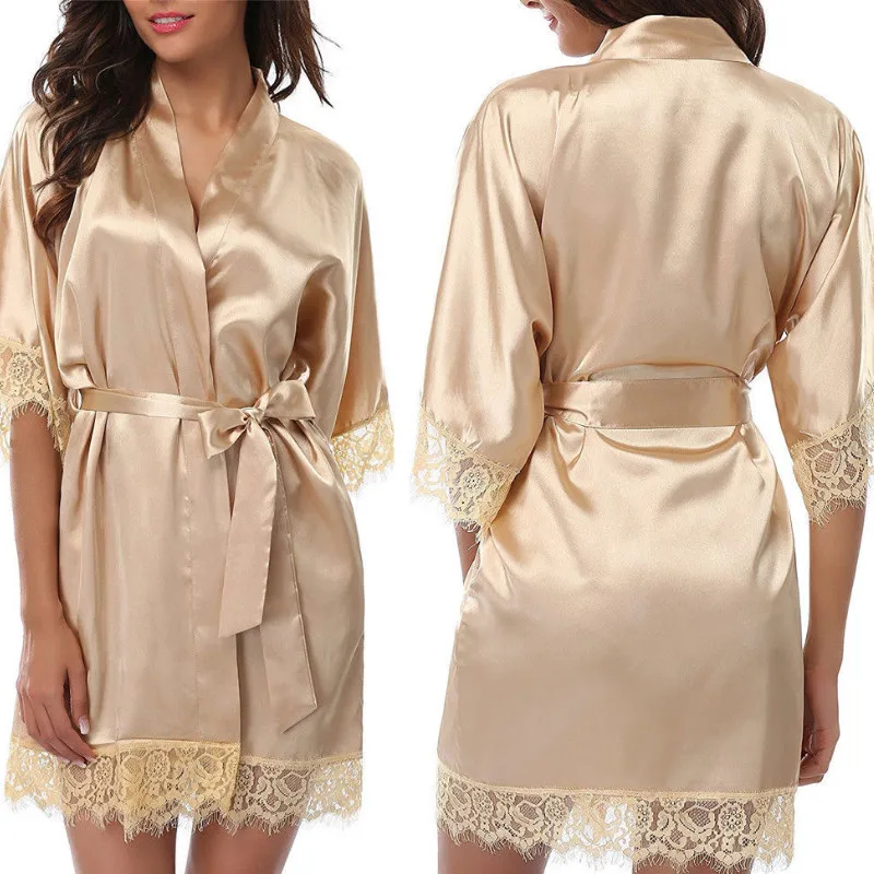 Hot Women Robe Silk Satin Robes Nightgowns Solid Color Lace Sleepshirts Kimono Style Solid Belt Tied Robe - Цвет: Золотой