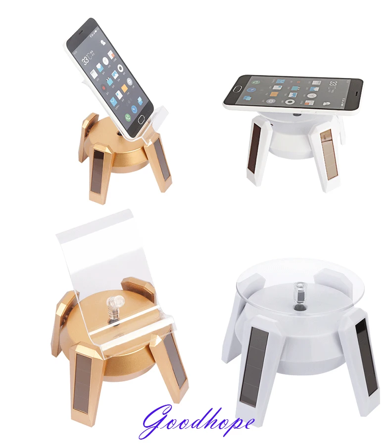 

New Solar Powered Jewelry Phone Watch Rotating Display Stand Holder 360 Turn Table with LED Light Cruve Presentation Showcase