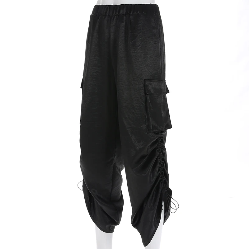 Weekeep черные свободные брюки с высокой талией женские модные уличные Регулируемые широкие брюки женские s плиссированные хип-хоп брюки карго