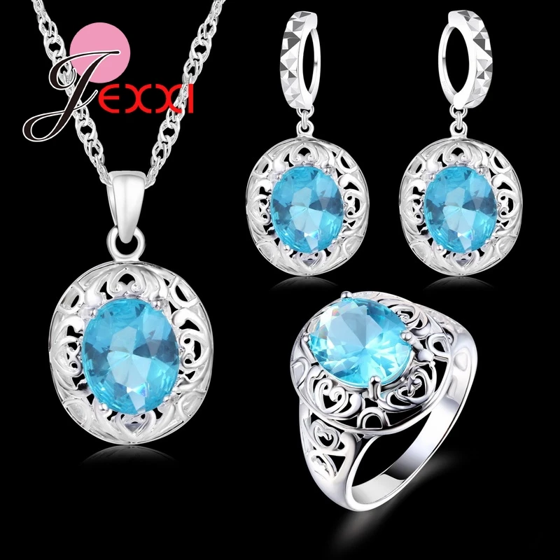 

925 Sterling Silver Pendants Necklaces Earring Ring Set For Women Fashion Crystal Bridal Wedding Jewelry Sets Accessory