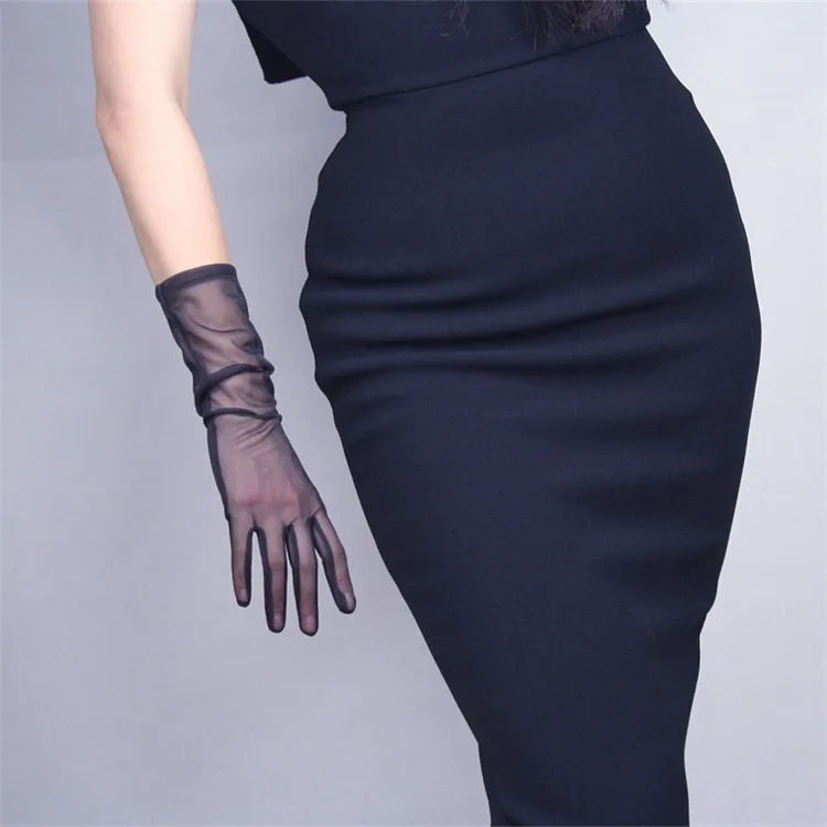 Для женщин перчатки сетки кружева ультра-тонкие, средние и длинная куртка с секциями 35 см Женская Черное Вечернее Vestido Boda перчатки TB68