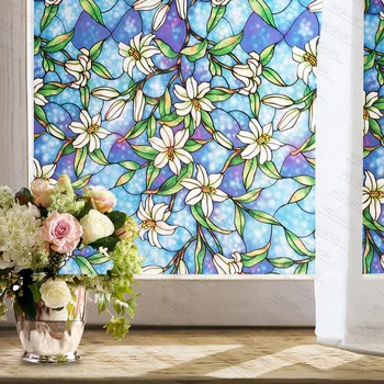 

75 by 400 Cm Lily Static Cling Frosted Floral Stained Glass Window Film Privacy Glass Sticker Vinyl Home Decor