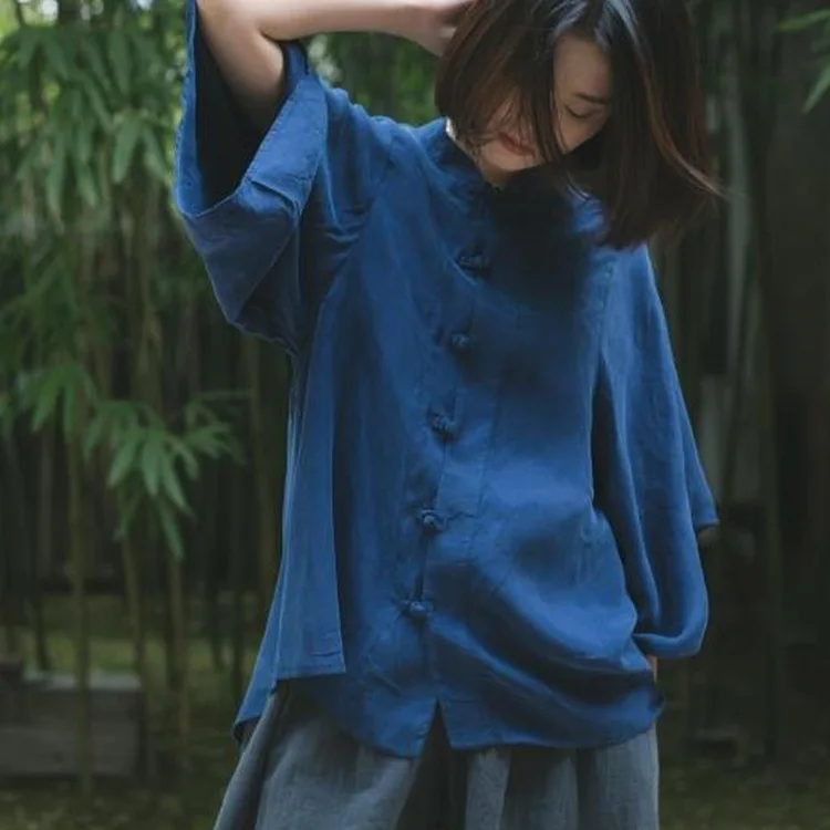 

Plus Size Plate Button Women Autumn Chinese Style Stand Collar Long Sleeve Casual Solid Color Bottoming Silk Tops