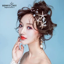 HIMSTORY New Gold Starfish Hair Jewelry Pearl Rhinestone Tiaras Headbands Handmade Bridal Wedding Women Hair Accessories