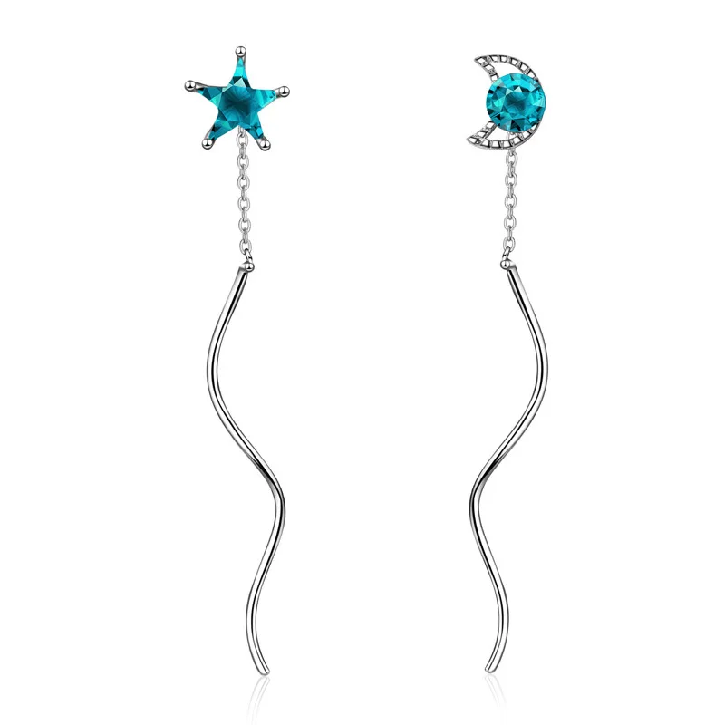 

Wholesale Asymmetric Moon & Star Blue Crystal 925 Sterling Silver Lady Long Tassel Stud Earrings Original Jewelry For Women Gift