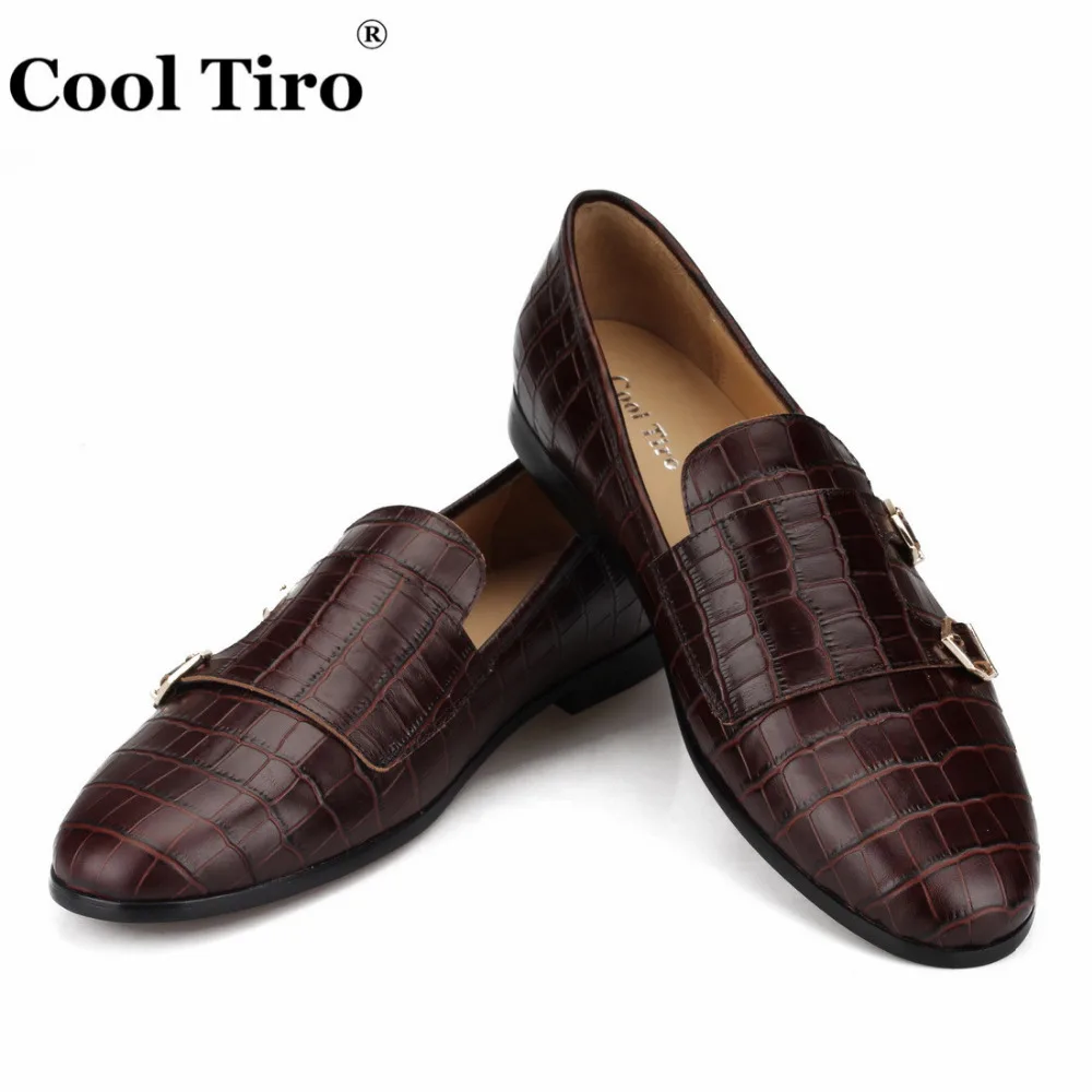 Cool Tiro/коричневый двойной Monk Loafers Для мужчин тапочки мокасины крокодиловый принт Повседневная обувь Свадебная вечеринка Туфли под платье человек Туфли без каблуков