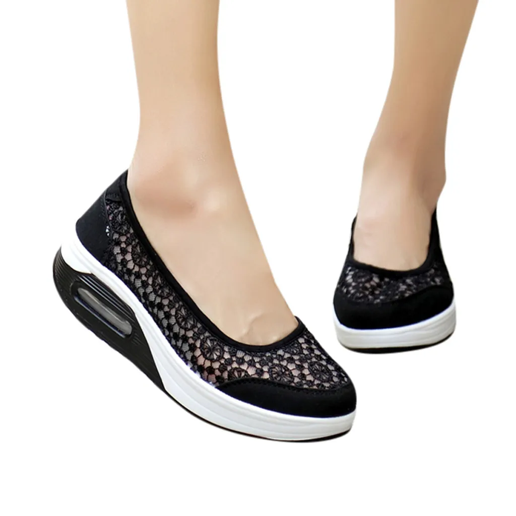 Летняя женская обувь на платформе; женская повседневная обувь на плоской подошве; Женская Удобная обувь из сетчатого материала без шнуровки; Красивая Черная Тканевая обувь с кружевом; zapatos mujer;# N3