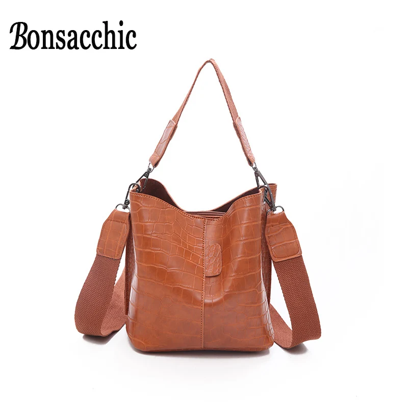 Bonsacchic Soft Leather Bucket Bags Women Brown Handbags Stone Pattern