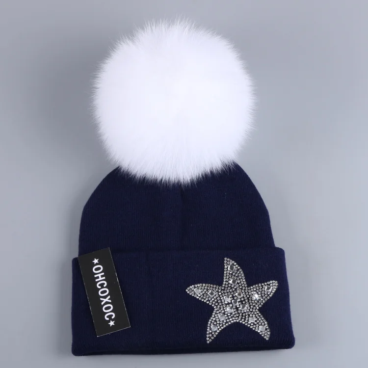 Женская зимняя шапка со звездами, фирменные шапочки, настоящие животные, мех норки, лисы, помпоны, украшенные шариками, одноцветные, сохраняющие тепло, толстые зимние шапки - Цвет: Fox pom navy hat