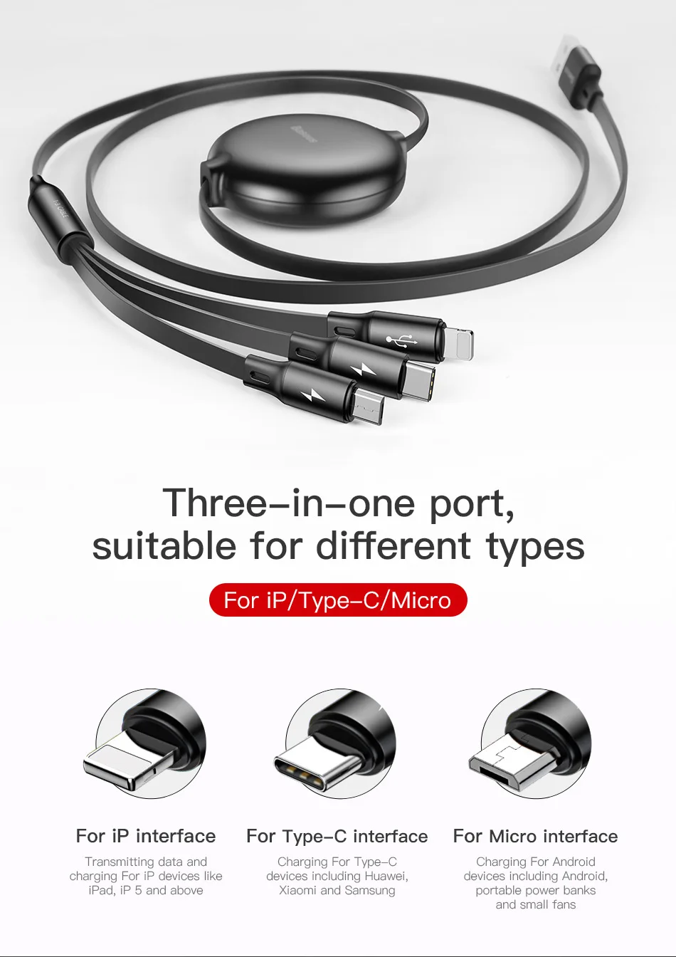 Регулируемый 3в1 кабель Baseus с разъемом micro usb type C для iPhone 8 X xs max портативный кабель USB для samsung galaxy