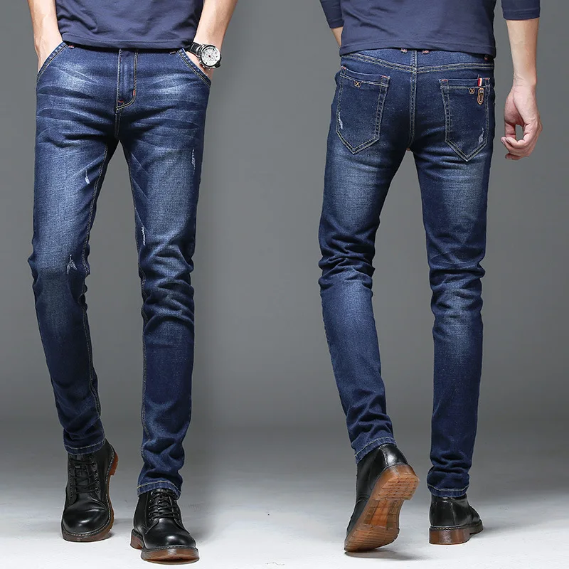 Классические мужские джинсы, весна-осень, синие мужские прямые штаны, качественные, повседневные, облегающие, тянущиеся, поцарапанные, джинсовые брюки для мужчин