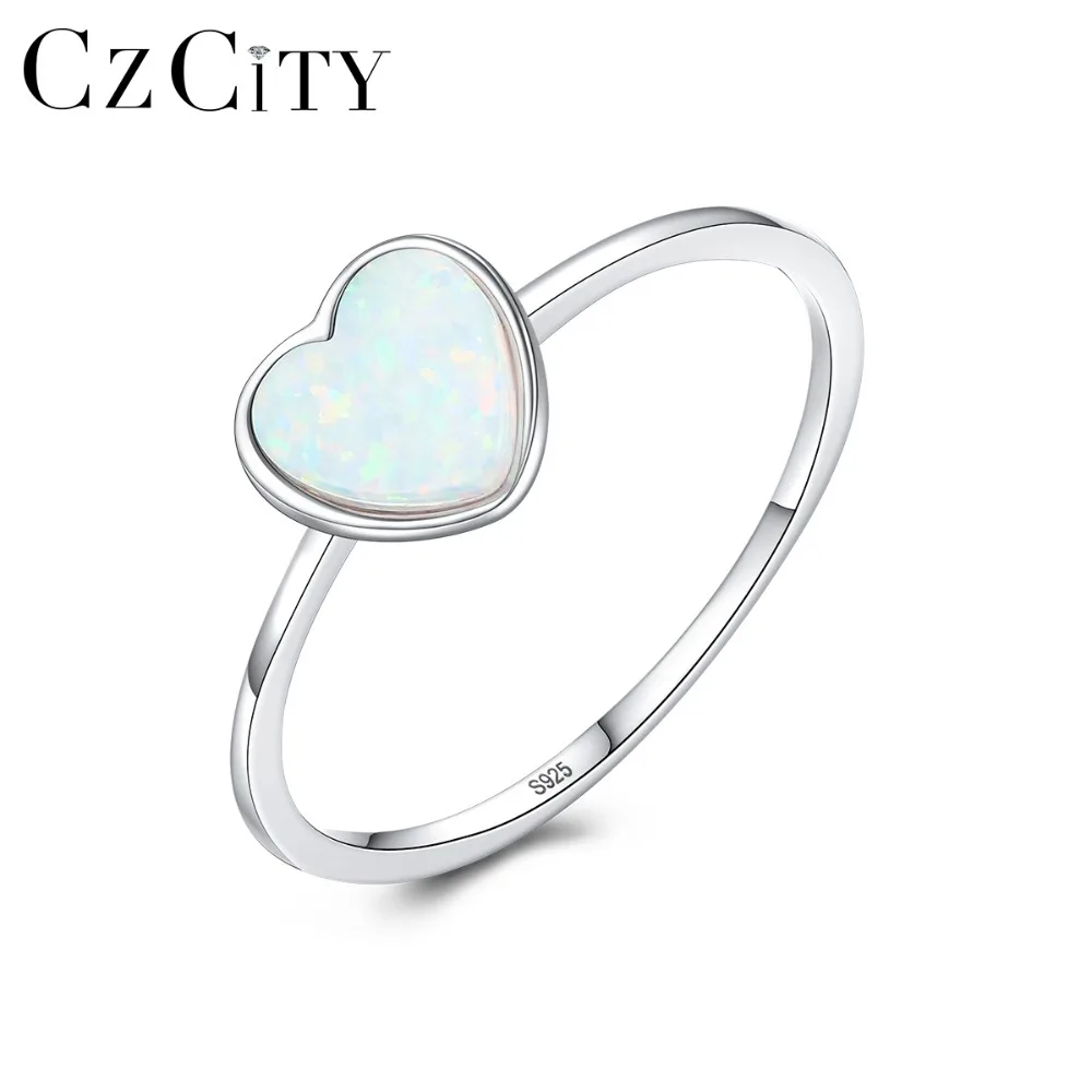 

CZCITY Romantic 7mm Heart Fire Opal Rings for Women 925 Sterling Silver 3 Colors Chic Thin Circle Engagement Rings Fine Jewelry