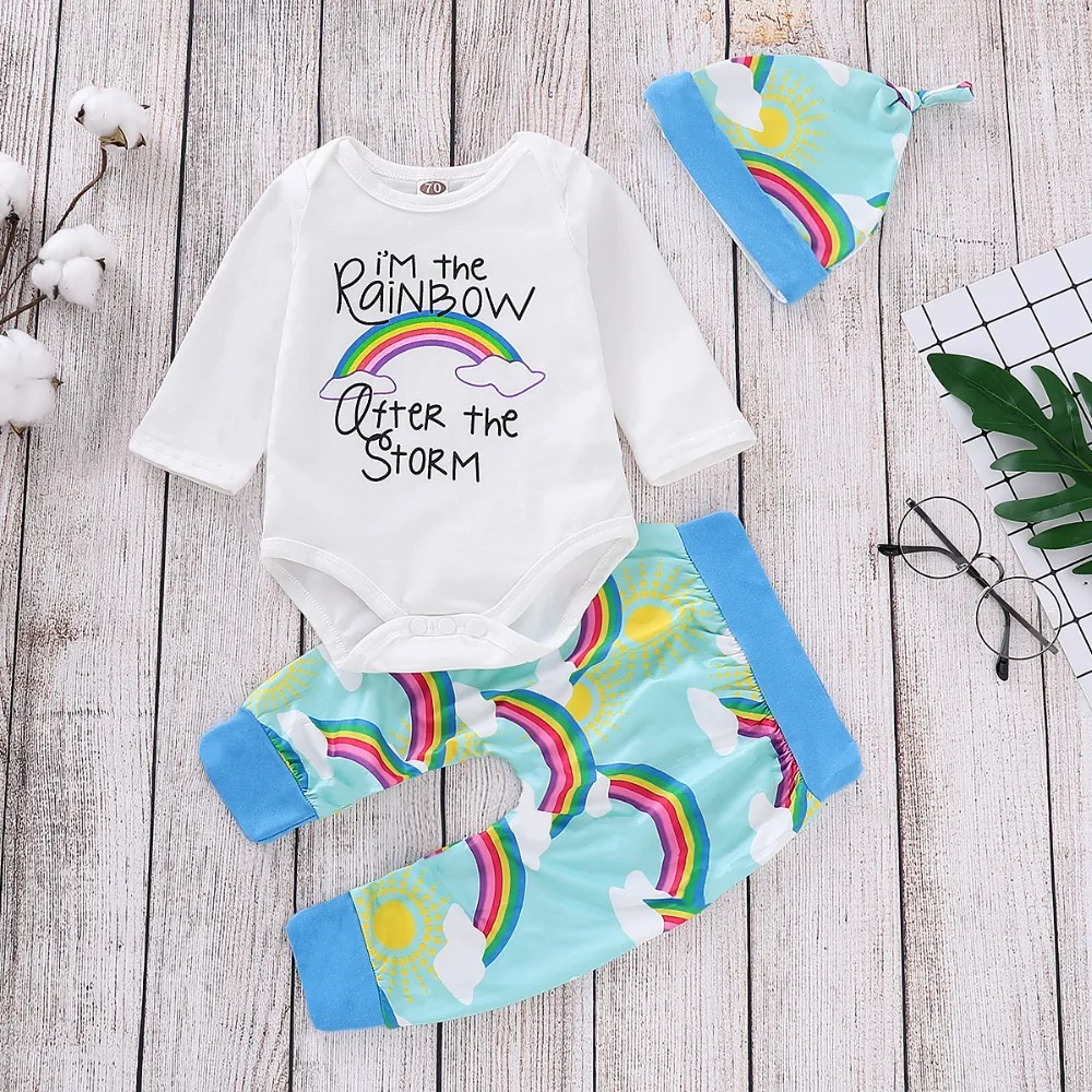 

Newborn Baby's Sets Cotton Letter Bodysuits + Rainbow Trousers + Cute Hat Infant Girls 3Pcs Clothes Suits Kids Outfits