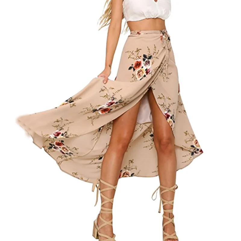Сексуальная Женская юбка-парео для пляжа с разрезом по бокам, с завышенной талией, макси, длинные юбки для девушек, цельный цветочный летний юбка в богемном стиле