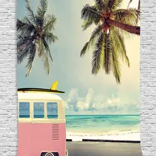 Tapiz de decoración de Surf, Minivan en la playa Retro inspirado en la vocación tema nubes en el cielo de verano, tapiz colgante de pared