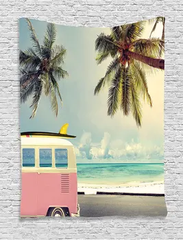 

Tapestry Surf Decor, Minivan on the Beach Retro Inspired Vocation Theme Clouds in Summer Sky, Wall Hanging Tapestry