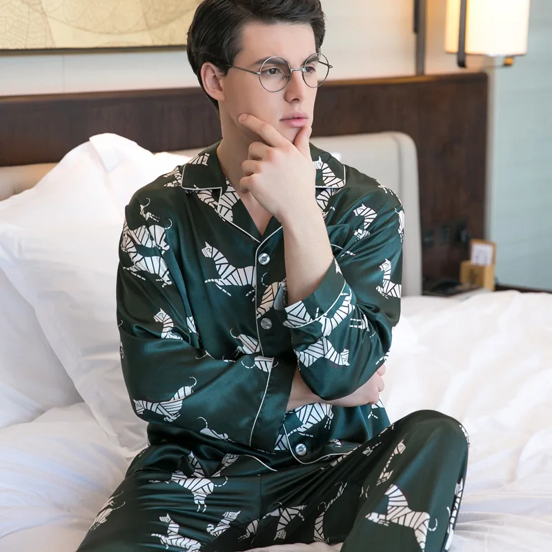Men Green Парные пижамы, новинка, весна и осень, имитация шелка, парные пижамы, ледяной шелк, принт, большой размер, парные пижамы, набор - Цвет: Men Green