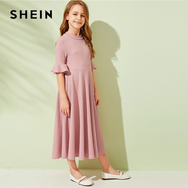 SHEIN Kiddie/красное однотонное расклешенное платье с оборками, трапециевидной формы, с поясом, летнее праздничное платье, рукав-волан, с пуговицами на спине, платья-миди для девочек