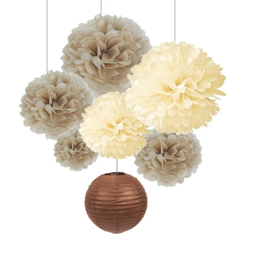 SUNBEAUTY Pack of 7 Cream Tan Color Tissue Paper Pom Poms Brown Paper