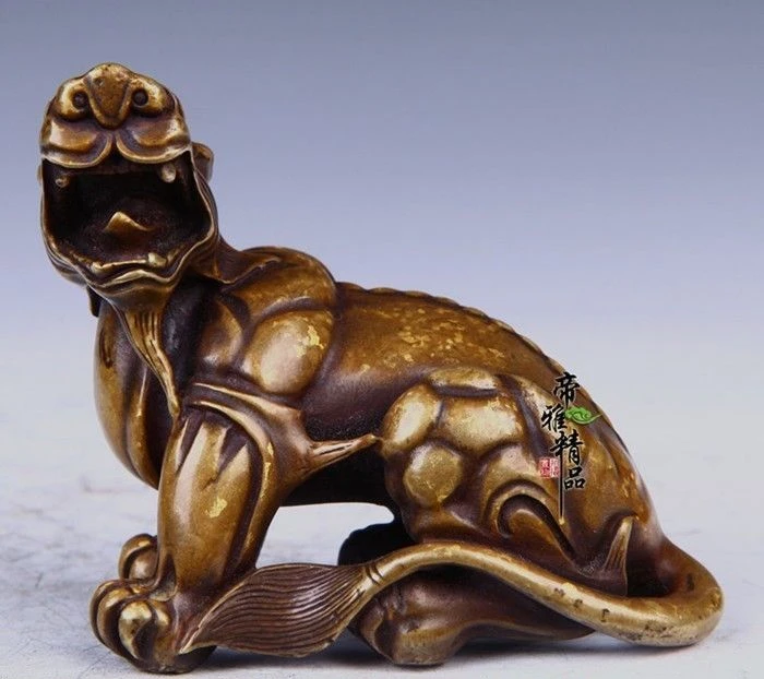 

China Royal Copper Bronze Gild Fu Foo Dog Lion Unicorn kylin Brave troops Statue