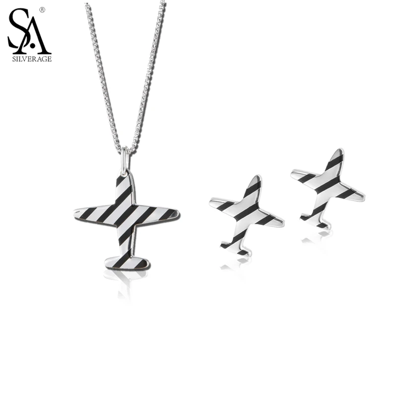 

SA SILVERAGE Original 925 Sterling Silver Jewelry Set Camouflage Aircraft Necklaces Pendant & Stud Earrings Jewelry Party Gift