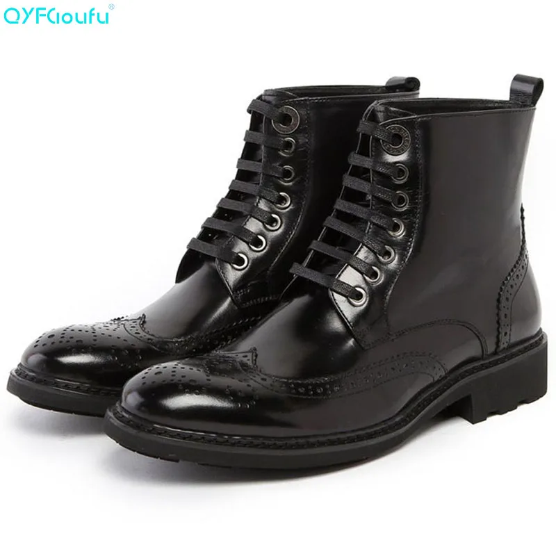 

QYFCIOUFU NEW Mens Chelsea Boots Genuine Leather Brogue Round Toe Cow Leather Ankle Boots High Help Lace-up Fashion Martin Boot