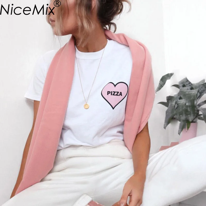 

NiceMix Plus Size Harajuku Tumblr Summer T Shirt Women Print Heart Pizza T-shirt Casual Cotton Short Sleeve Women Tops 2017