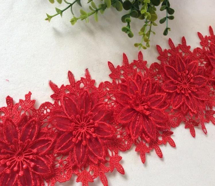 Высокое качество Белый Красный 3D цветок вышитые кружева отделка ткань аппликация швейная отделка Кружева