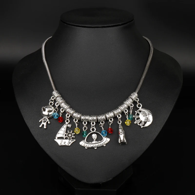 MQCHUN The X Files I Want To Believe Choker Necklace With Snake Chain Pirate Skull Spaceship Crystal Beads Women Charm Pendant | Украшения