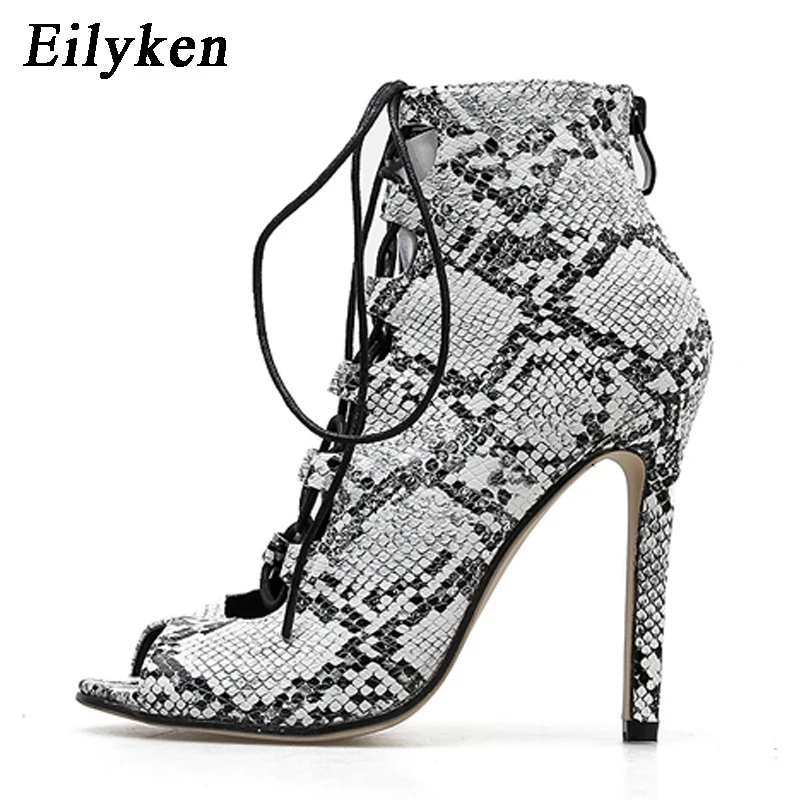 Eilyken Women Open Toe Hollow Out Snakeskin grain Sandals Pump 2019 Lace-Up High Heels 12CM Sandals Lady Shoes